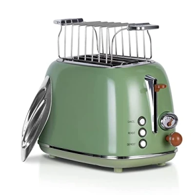 Afbeelding van Wiltal Broodrooster Retro 2 sneden 6 instelbare bruiningsniveaus, roestvrij staal met hoogwaardige broodjesopzetstuk, opwarming ontdooien, afbrekende fuctie, countdown weergave, snel toast technologie (groen)