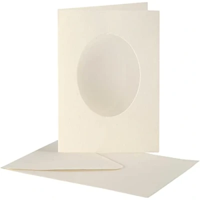 Afbeelding van Passepartout Kaarten, afmeting kaart 10,5x15 cm, gatgrootte 6,5x8,8 off white, ovaal, 10sets, envelop 11,5x16,5 cm