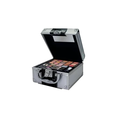 Afbeelding van bonvoyage make upset in kleur voor reizen, modieuze trein koffer met professionele upset, compleet ogen, gezicht en lippen, geschenkdoos meisjes, tieners vrouwen,