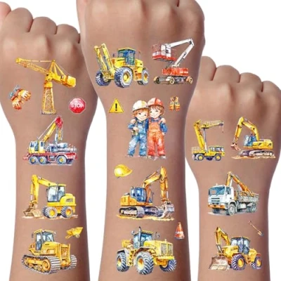 Image de Excavatrice Tatouage Paillette Enfant, 12 Feuilles Véhicules Construction Enfant Garçons, Invitation Anniversaire Tatouages Camion Chantier, Etanche Enfants