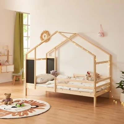 Afbeelding van Kinderbed Lorenskog houten huisbed met valbescherming 200x90 cm naturel [en.casa]
