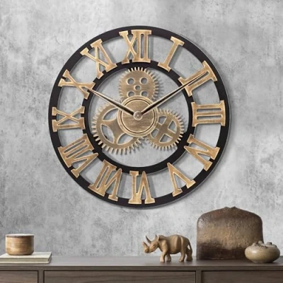Afbeelding van Lafocuse Wandklok, tandwielen, goud, gigantisch, hout, 58 cm, wandslinger, kwarts, Romeinse cijfers, stil, voor woonkamer, bar, restaurant