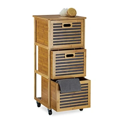 Afbeelding van Relaxdays badkamer trolley 3 lades bamboe ladekast op wieltjes rolcontainer