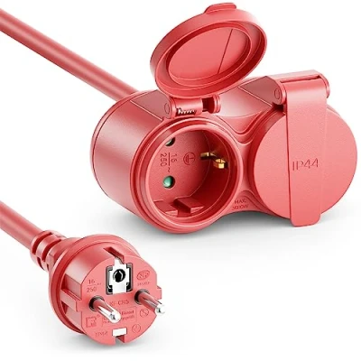 Afbeelding van deleyCON 50 m verlengkabel voor buiten, extreem weerbestendig, rubberen kabel, IP44 contactstekker, bescherming type F (CEE 7/4), 2 x bus 7/3), rood