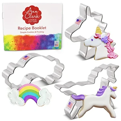 Afbeelding van Ann Clark Cookie Cutters 3 stuks eenhoorn uitsteekvormen met receptenboekje, eenhoornkop, en regenboog