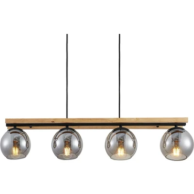 Afbeelding van Lindby hanglamp 4lichts Glas, hout, staal E27 rookgrijs, lichte eik, zwart