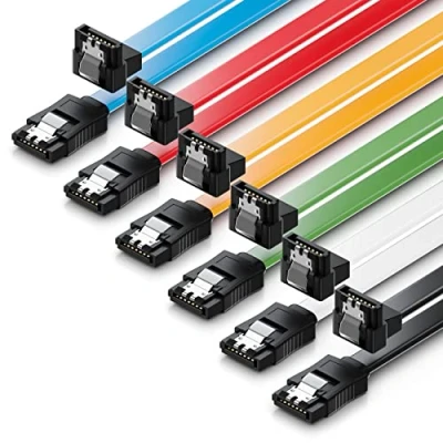 Afbeelding van deleyCON 6 x 50 cm SATA kabelset 3 datakabels III HDD SSD verbindingskabel metalen clip GBit/s 1 recht 90 graden type L kleurrijk
