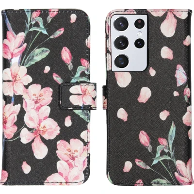 Afbeelding van iMoshion Hoesje Geschikt voor Samsung Galaxy S21 Ultra Met Pasjeshouder Design Softcase Bookcase Meerkleurig / Blossom Watercolor Black