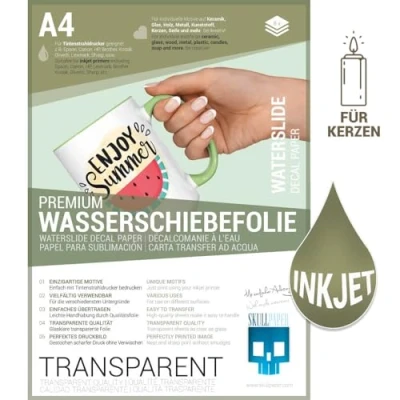Afbeelding van SKULLPAPER® Ultradun waterstickerpapier voor inkjetprinters, transparant, keramiek, glas, kaars, metaal, kunststof, modelbouw (A4 8 vellen)