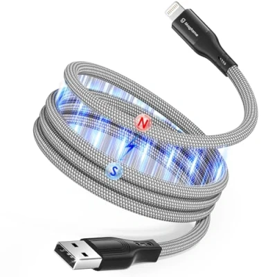 Afbeelding van Magtame Magnetische oprolbare Lightning kabel, MFi gecertificeerd, snel opladen, 1 m, gevlochten gegevensoverdrachtkabel, compatibel met telefoon 14 13 12 11 Pro XR XS X 8 Plus SE