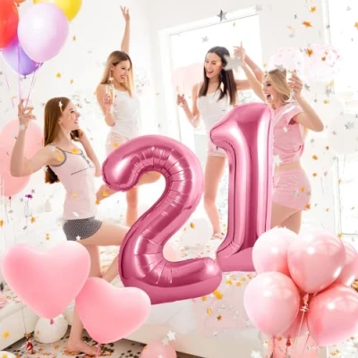 Afbeelding van Verjaardagsballon in de vorm van een cijfer 21, aluminium, roze, 101 cm, verjaardagsdecoratie, vliegt met helium, voor mannen en vrouwen, 21e verjaardag