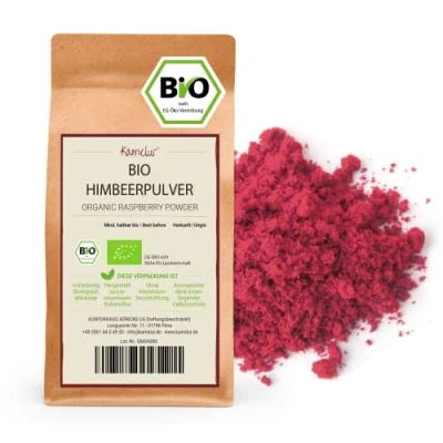 Afbeelding van 250 g biologisch fruitpoeder van gevriesdroogde frambozen fruitig frambozenpoeder, fijngemalen en zonder toevoegingen in afbreekbare verpakking