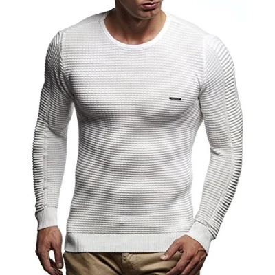 Afbeelding van Leif Nelson LN1545 fijn gebreide trui voor heren, ronde hals, slim fit, winter, zomer, moderne wollen wintertrui, lange mouwen, Ecru
