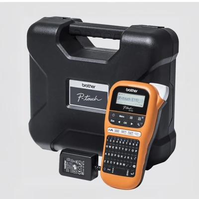 Image de Brother P Touch PT E110VP Étiqueteuse Noir et blanc transfert thermique Rouleau (1,2 cm) 180 dpi jusqu&#039;à 20 mm/sec outil de coupe impression par 2 lignes noir, orange