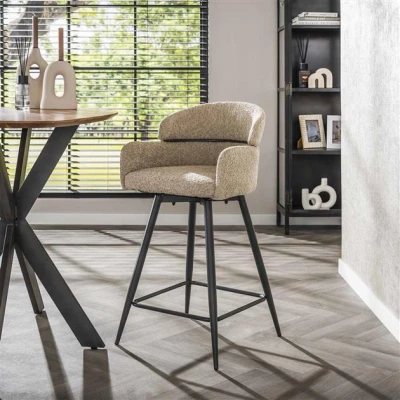 Afbeelding van Hoyz Collection Barstoel Draaibaar Boucle Ronde Rug 2 Stuks Zandkleur