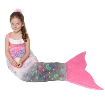 Afbeelding van Catalonia Classy Zeemeermindeken voor meisjes en kinderen, 155 x 50 cm, zeemeerminstaart meisjes, volwassenen, zeemeermincadeaus, Fluorescerende sterren maan
