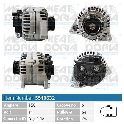 Afbeelding van MEAT &amp; DORIA 5510632 Dynamo / Alternator 14V 150A AUDI: A4 B6 Saloon, Avant, A6 C5 VOLKSWAGEN: Passat B5 GP Estate