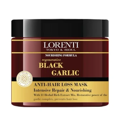 Afbeelding van LORENTI TOKYO &amp; SEOUL Black Garlic Hair Care Mask Haarmasker met knoflook, 500 ml, intensieve herstellende kuur voor broos, droog en beschadigd haar, haarkuur zwarte knoflook