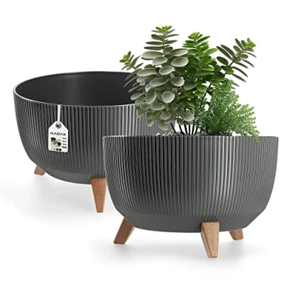 Afbeelding van KADAX Ronde bloempot van kunststof met drie steekhouders, voor balkon, woonkamer (Ø 40 cm, antraciet)