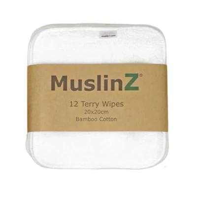 Afbeelding van MuslinZ 12PK badstof bamboedoekjes, katoen, 20 x cm, wasbaar, herbruikbare babydoekjes (wit)