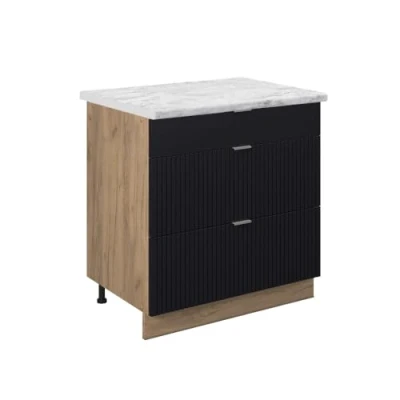 Afbeelding van Vicco Keukenonderkast Fame Line, Zwart gestreept/Krachtige eik goud, 80 cm met 3 laden, WB Marmer