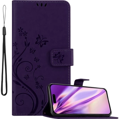 Afbeelding van Cadorabo Hoesje geschikt voor Apple iPhone 14 PRO in BLOEMEN DONKER PAARS Beschermhoes bloemmotief met magnetische sluiting, standfunctie en kaartsleuven Book Case Cover Etui