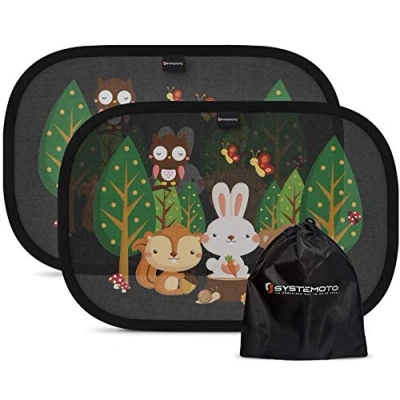 Afbeelding van Systemoto zonwering auto baby met gecertificeerde UV bescherming (set van 2) autoruit voor kinderen schattige dierenmotieven (bosdieren)