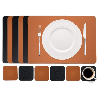 Afbeelding van Cookinglife 6 Placemats + Onderzetters Vegan leer Zwart / Cognac 12 stuks