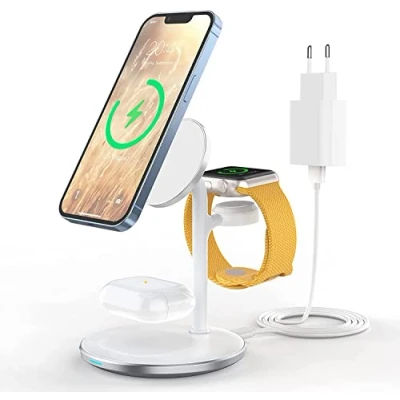 Image de roroskin Station de Charge inductive, Chargeur sans Fil 3 en 1, Compatible avec MAG Safe pour iPhone 14 13 12 Pro Max/Plus Apple Watch ultra/8/7/se