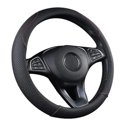 Afbeelding van UIHOL stuurhoes van stevig leer, antislip, universeel, zwart en rood (+ prullenmand voor de auto), 38 cm