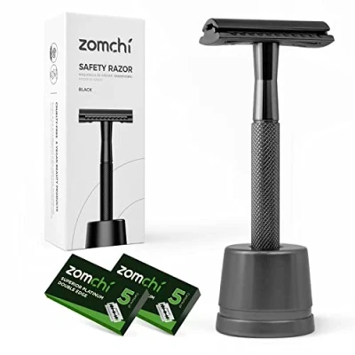 Afbeelding van ZOMCHI Dubbelzijdig veiligheidsscheermesje met 10 veiligheidsscheermesjes, scheermesjes voor mannen scheermeshouder, veiligheidsscheermes mannen, zwart