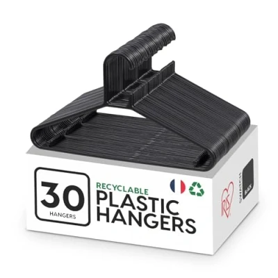 Afbeelding van Iris Ohyama, Plastic kleerhangers, 30 stuks, ruimtebesparende kleerhangers voor kleding, zwart, BPA vrij, kasten, overhemden, jassen, stropdassen, jurken, broeken, dik, duurzaam, CHM 39