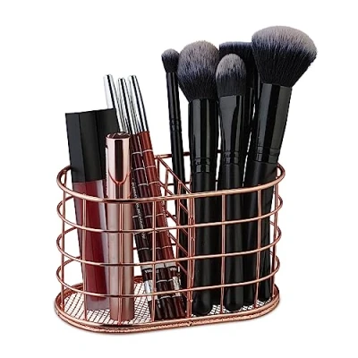 Afbeelding van Relaxdays make up kwastenhouder roségoud pennenbak 2 vakken metalen pennenhouder