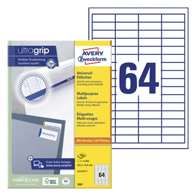 Image de Avery Zweckform 3667 étiquettes universelles A4 48,5 x 16,9 mm (6400 étiquettes) blanc