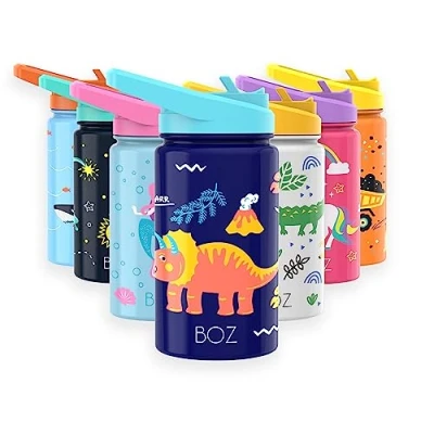 Afbeelding van BOZ Kinderwaterfles met rietjesdeksel, geïsoleerde roestvrijstalen waterfles voor kinderen, peuters, lekvrije kinderen en dinosaurus