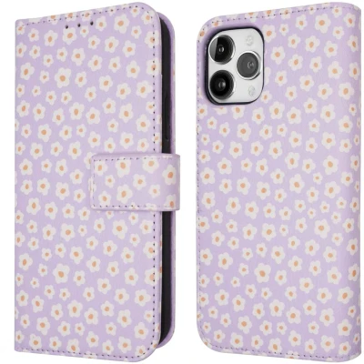 Afbeelding van iMoshion Hoesje Geschikt voor iPhone 12 Pro / Met Pasjeshouder Design Bookcase smartphone Paars White Daisy
