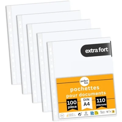 Afbeelding van perfect line 100 showmappen DIN A4 glashelder, eersteklas doorzichtige folies extra dik (120 µ), kleurloos &amp; transparant, verzameltassen ter bescherming van papier, akten documenten in ordners