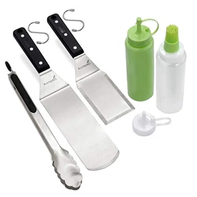 Afbeelding van Anmarko Set van 4 metalen spatels, accessoireset voor kookplaat, platte spatel, pannenkoekenspatel, hamburgerspatel, gebruiksvoorwerp, ideaal barbecue, gietijzeren grill met
