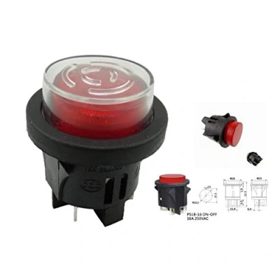 Afbeelding van Drukschakelaar met waterdichte afdekking, montage Ø 25 mm, 250 V, 16 A, rode verlichting, platte stekker 6,3 mm (2)