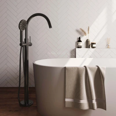 Afbeelding van Brauer gunmetal carving Staande Badkraan handdouche rond 3 standen 2 knoppen geborsteld