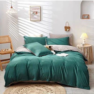 Afbeelding van Damier Beddengoed, donkergroen, 200 x cm, groen/beige, 3 delige set, superzachte microvezel, eenkleurig, dekbedovertrek met verborgen ritssluiting en 2 kussenslopen 80 cm