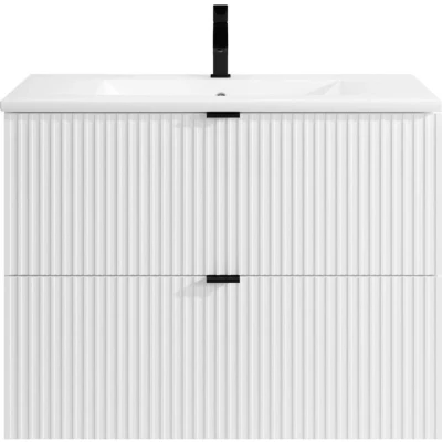 Afbeelding van Hangend, geribbeld badkamermeubel met inbouwwastafel Wit L80 cm ZEVINI L 80 x H 60 D 47