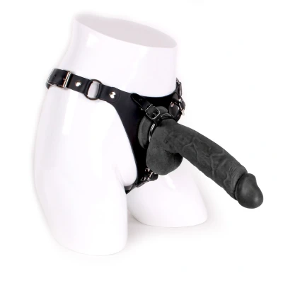 Afbeelding van Leren Strap On Inclusief Zwarte Dildo Met Balzak 24 cm