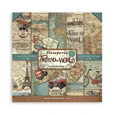 Afbeelding van Stamperia Dubbelzijdig plakpapier, mini blok, 10 vellen, 20,3 x cm Around The World, meerkleurig, cm, set onderdelen