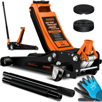 Afbeelding van MASKO® hydraulische krik, vlakke hefhoogte + 2 x rubberen pads handschoenen, krik voor voertuigen, 360 draaivermogen, 3 ton Oranje