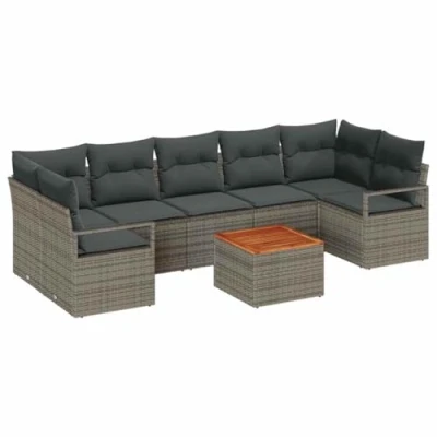Afbeelding van vidaXL 8 delige tuinset met kussens Grijs Poly Rattan Acacia