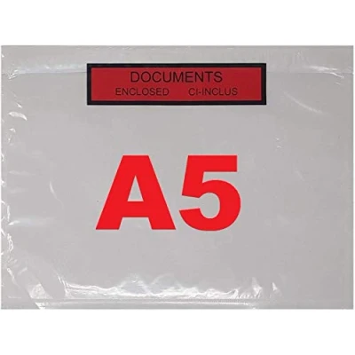 Afbeelding van 250 Pochettes porte document C5 225 x 165 mm adhésives transparentes ci inclus et documents Enclosed format A5 (feuille A4 plié en 2) pour colis, paquets, petite palette, Pochette autocollant fort