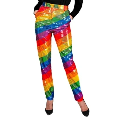 Afbeelding van Widmann Grappig &amp; Fout Kostuum Pailletten Broek Fine Stripe Regenboog Vrouw Multicolor XL Carnavalskleding Verkleedkleding