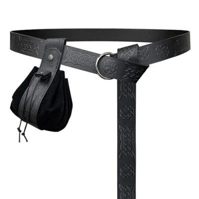 Afbeelding van HiiFeuer Middeleeuwse O ring riem met draagbare zak trekkoord, retro renaissance kunstleer en handtas voor LARP &amp; Ren Faire, Zwart D