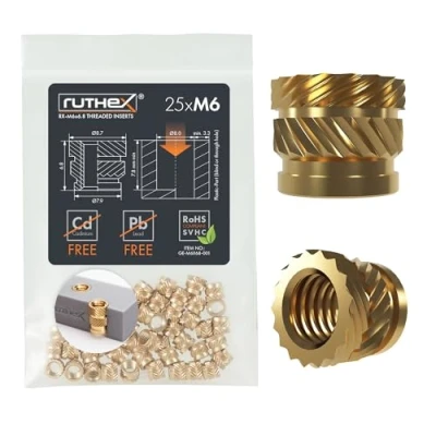 Afbeelding van Ruthex Schroefdraadinzet M6 short, 25 stuks RX x 6,8 schroefdraadbussen van messing, stabiele inpersmoeren voor kunststof onderdelen, door warmte te gebruiken in 3D printdelen